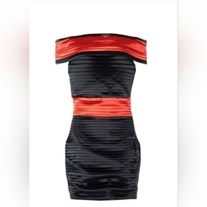 Balmain Off Shoulder Satin Pleated Mini Dress